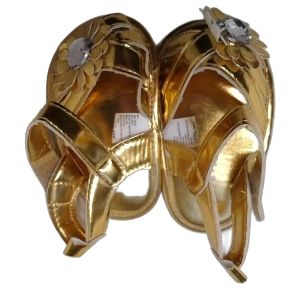 Little Me Baby Girl Sandals Sz 3 Infant Gold Straps Flower Rhinestone NEW